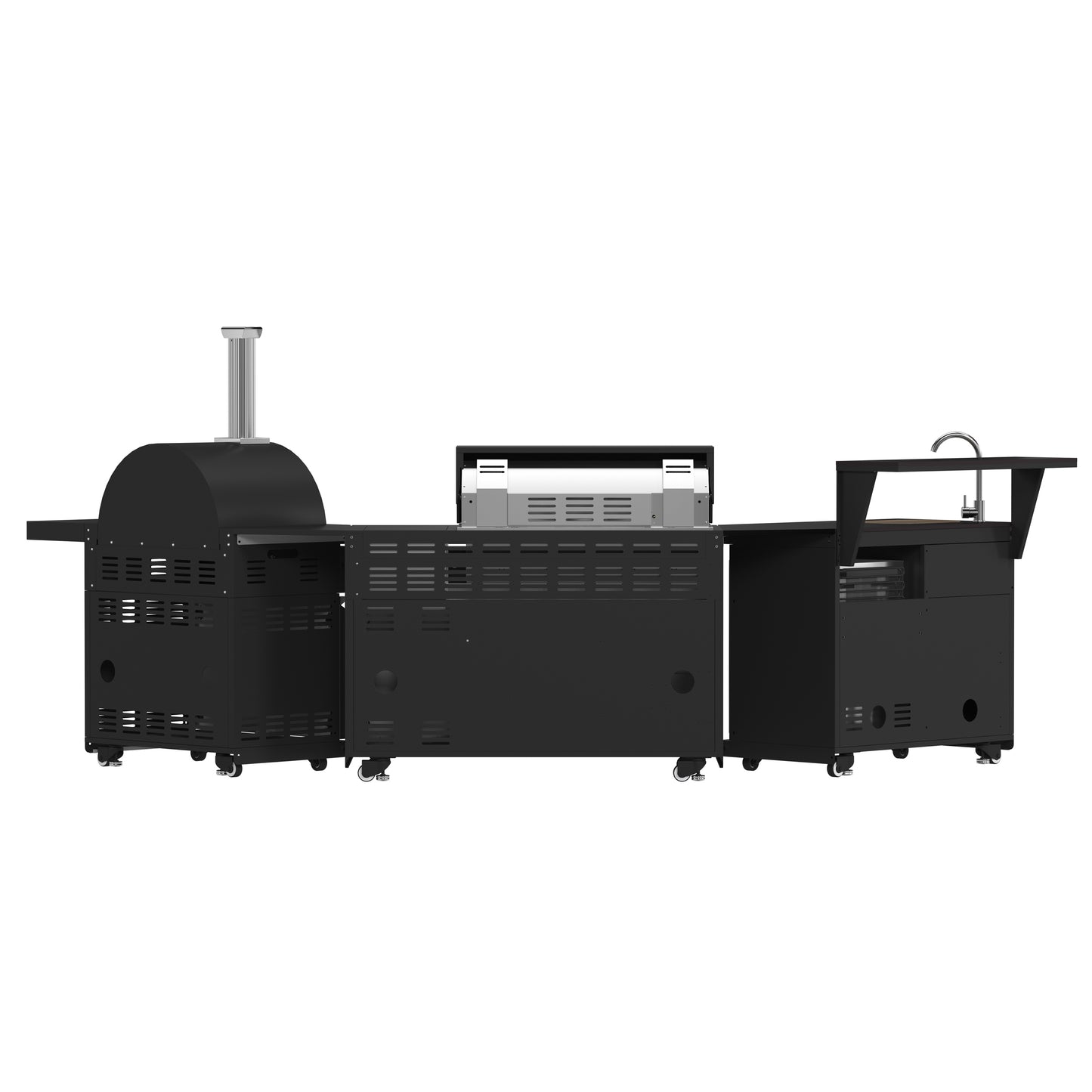 Forno All’Aperto 87,600 BTU Outdoor Kitchen, 4 Burners, Infrared Burners, Side Burner, Black Sintered Stone Countertops, Gas Pizza Oven, Sink Module, Bar & Beverage Center - Forno Appliances