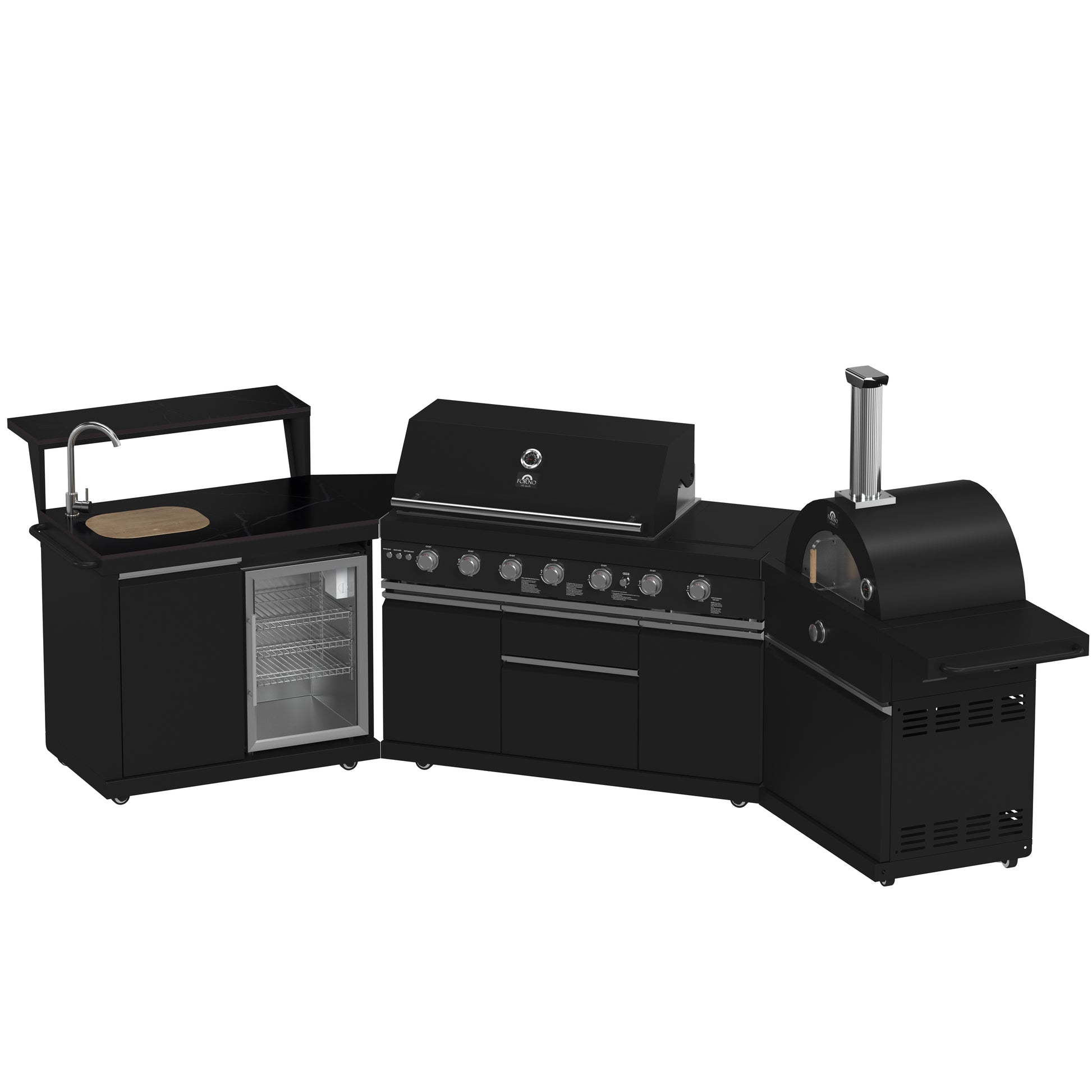 Forno All’Aperto 87,600 BTU Outdoor Kitchen, 4 Burners, Infrared Burners, Side Burner, Black Sintered Stone Countertops, Gas Pizza Oven, Sink Module, Bar & Beverage Center - Forno Appliances