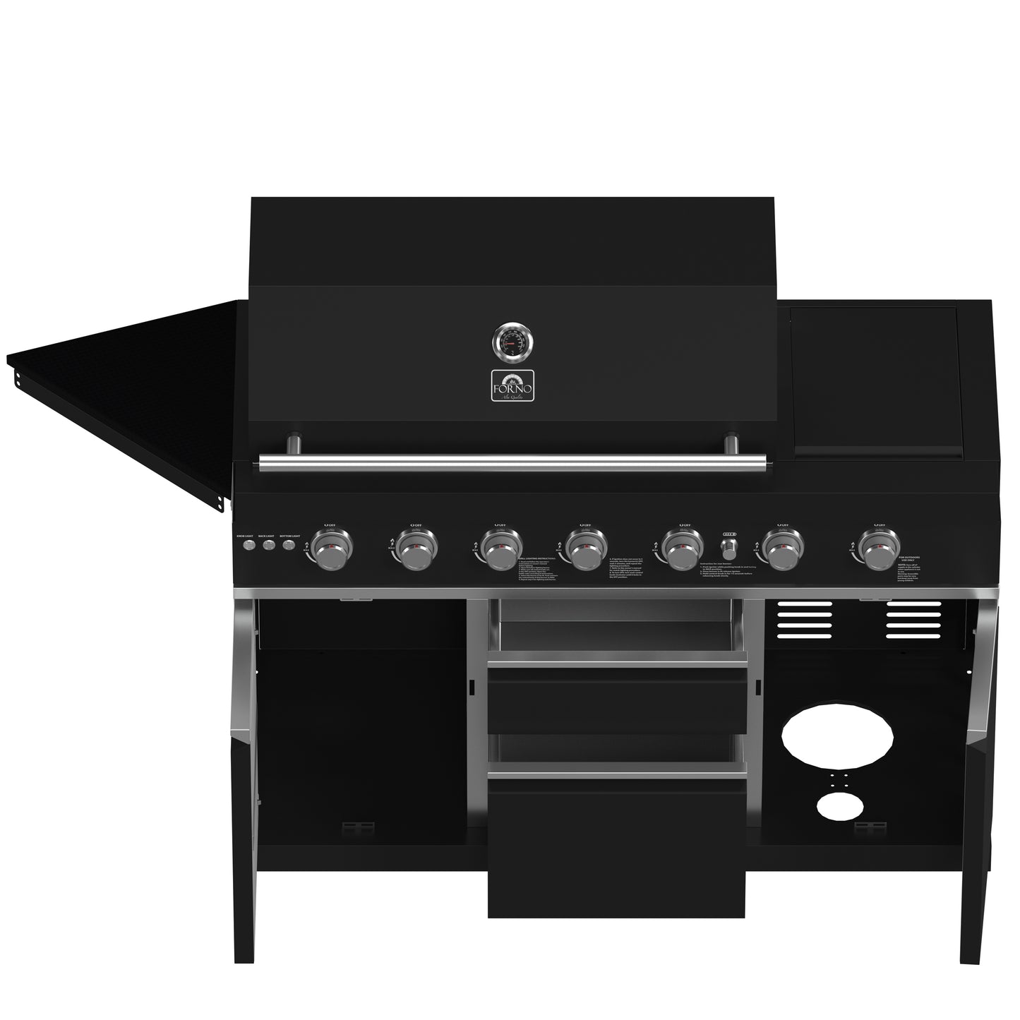 Forno All’Aperto 87,600 BTU Outdoor Kitchen, 4 Burners, Infrared Burners, Side Burner, Black Sintered Stone Countertops, Gas Pizza Oven, Sink Module, Bar & Beverage Center - Forno Appliances