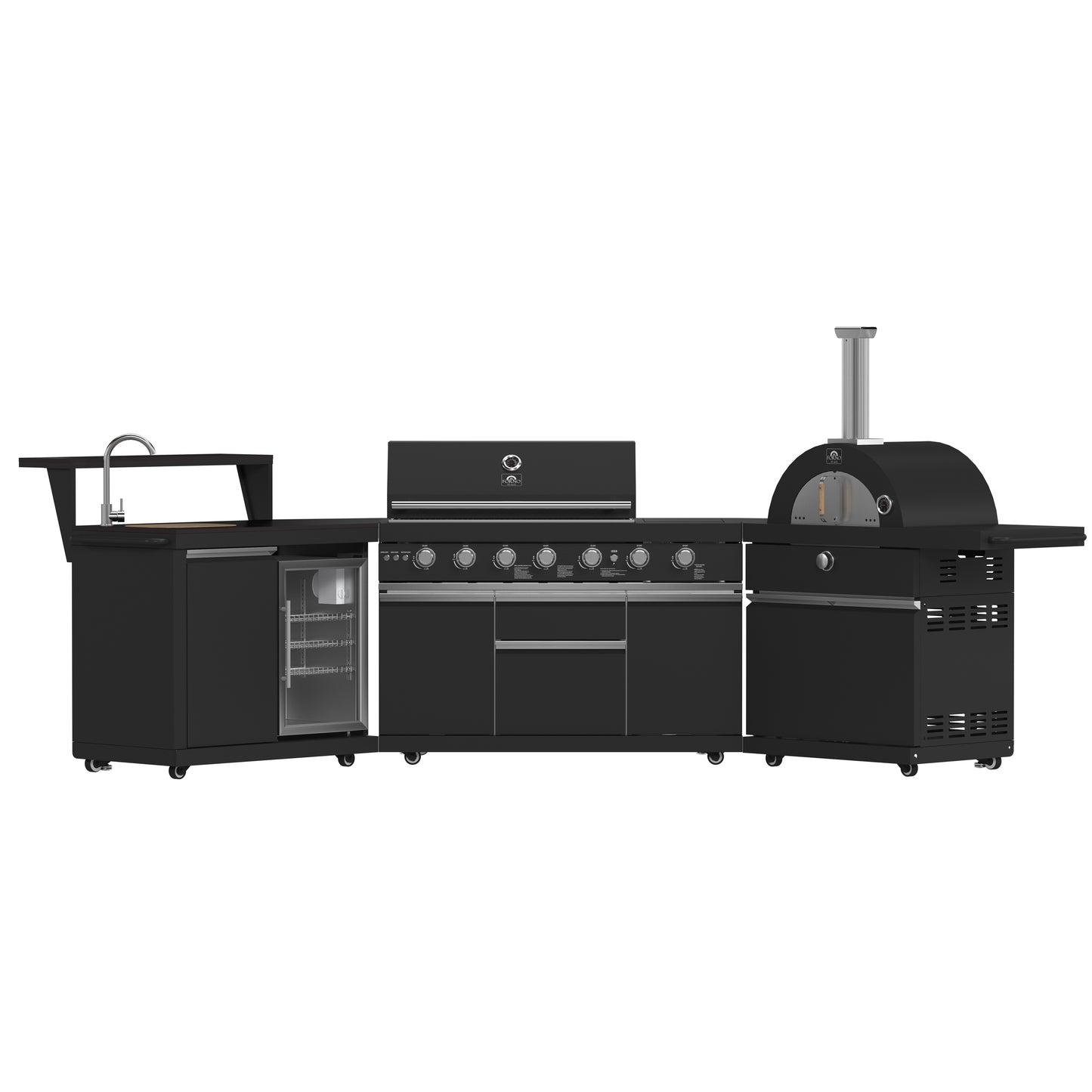 Forno All’Aperto 87,600 BTU Outdoor Kitchen, 4 Burners, Infrared Burners, Side Burner, Black Sintered Stone Countertops, Gas Pizza Oven, Sink Module, Bar & Beverage Center - Forno Appliances
