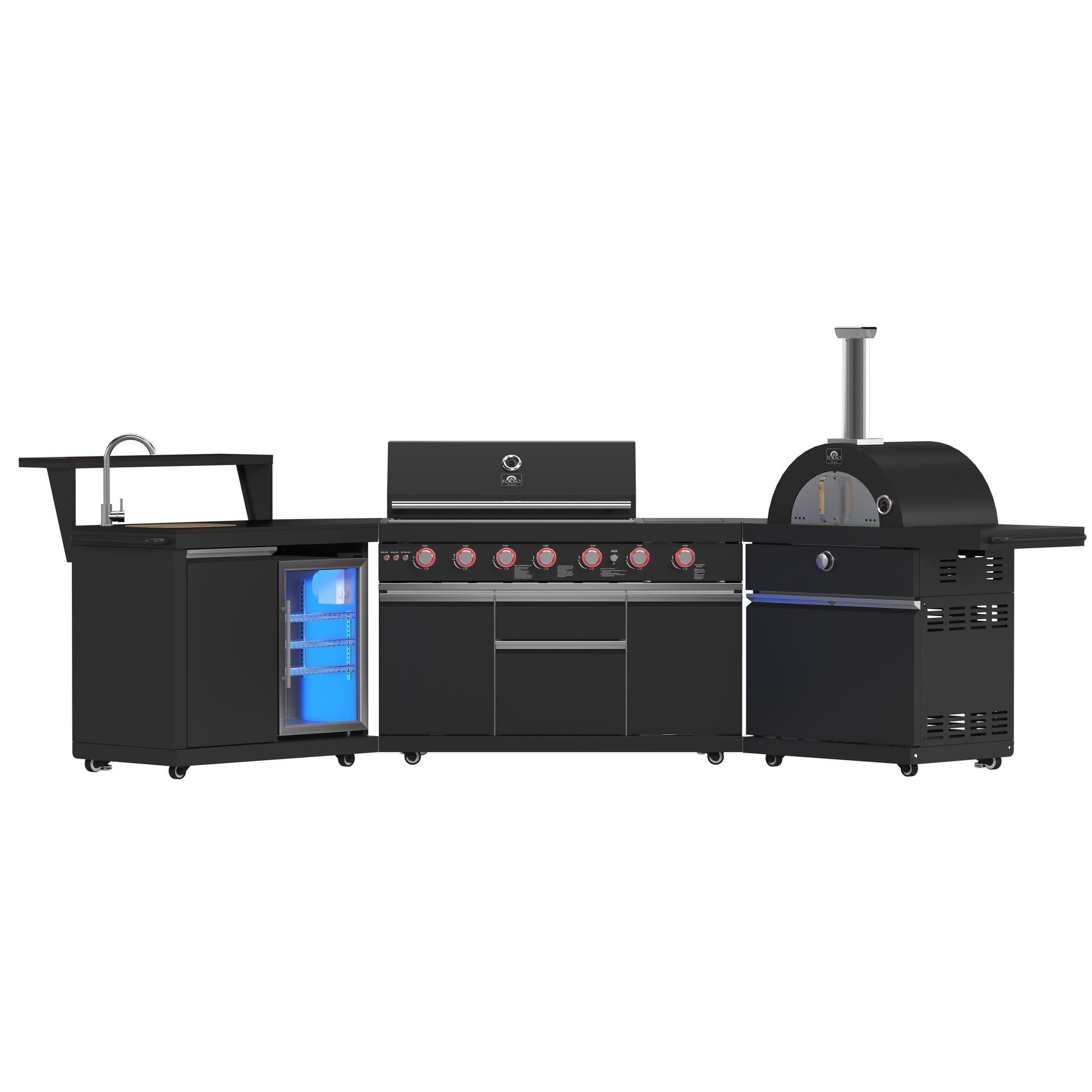 Forno All’Aperto 87,600 BTU Outdoor Kitchen, 4 Burners, Infrared Burners, Side Burner, Black Sintered Stone Countertops, Gas Pizza Oven, Sink Module, Bar & Beverage Center - Forno Appliances