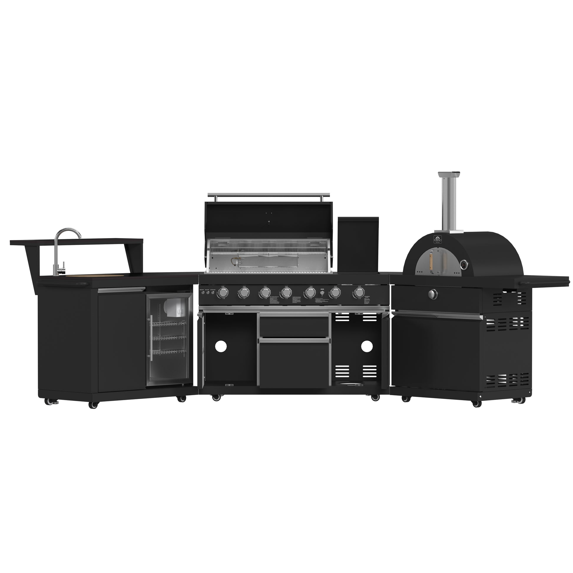 Forno All’Aperto 87,600 BTU Outdoor Kitchen, 4 Burners, Infrared Burners, Side Burner, Black Sintered Stone Countertops, Gas Pizza Oven, Sink Module, Bar & Beverage Center - Forno Appliances