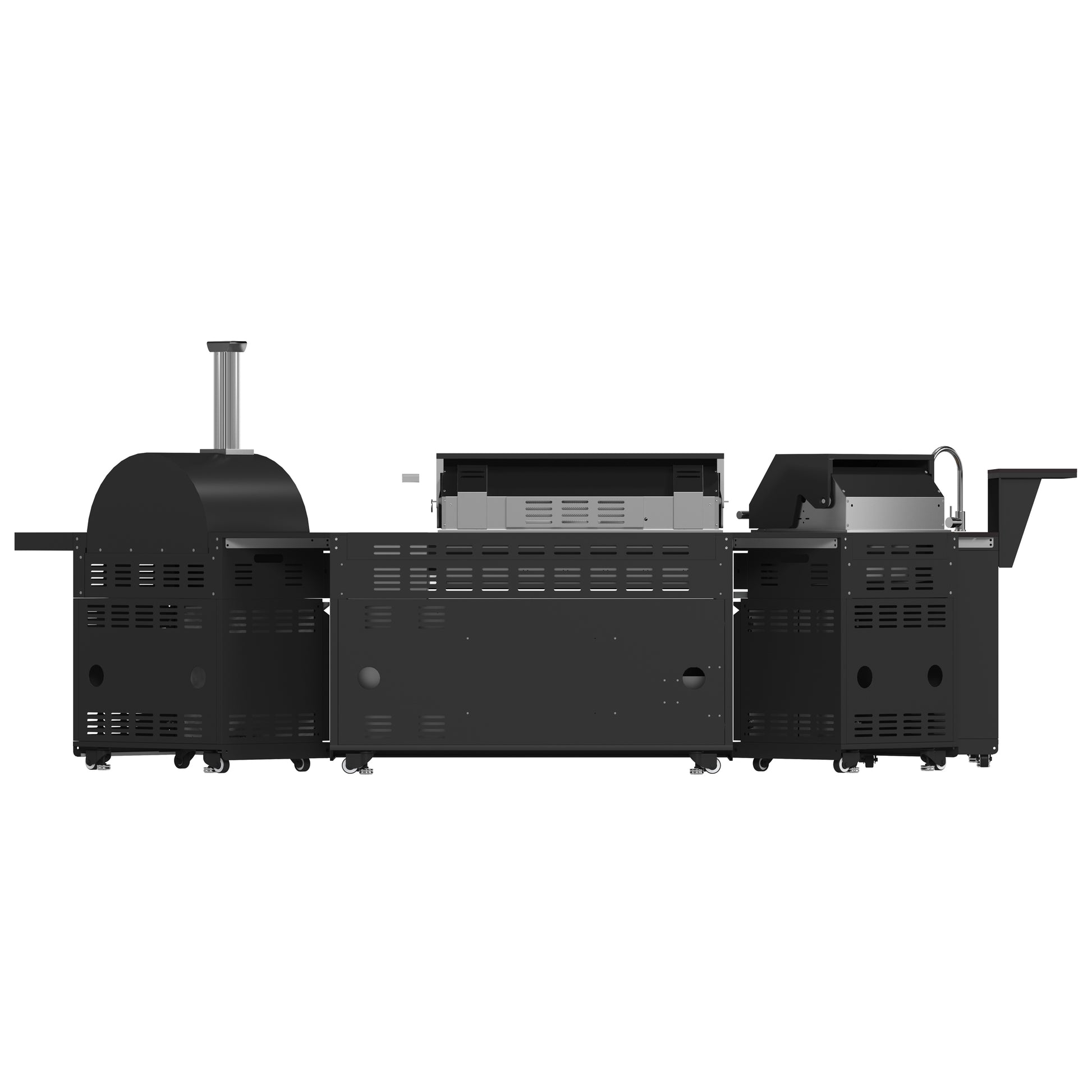 Forno All’Aperto 99,600 BTU Outdoor Kitchen, 5 Burners, Infrared Burners, Side Burner, Black Sintered Stone Countertops, Gas Pizza Oven, Sink Module, Bar & Beverage Center - Forno Appliances