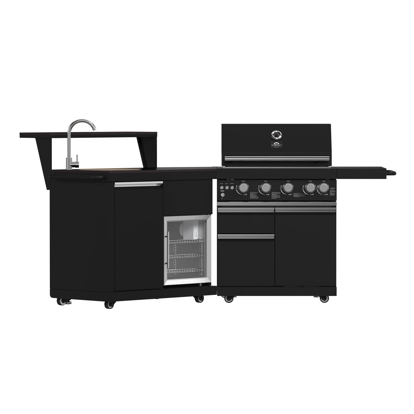 Forno All’Aperto 62,600 BTU BBQ, 3 Stainless Steel Burners, Infrared Burners, Sink Module, Black Sintered Stone Countertops, Bar and Beverage Center - Forno Appliances