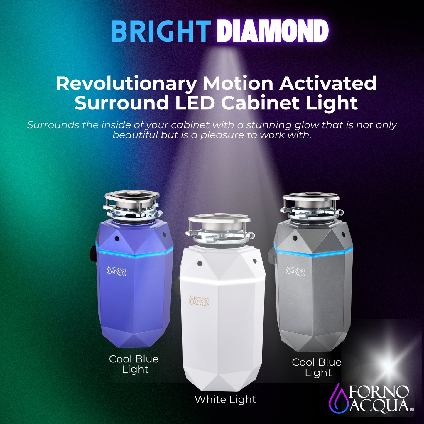 FORNO ACQUA BrightDIAMOND Amethyst 1HP Super Quiet Garbage Disposal Corded with Motion Sensor Cabinet Light & Pre-Wired Air Switch - Forno Appliances
