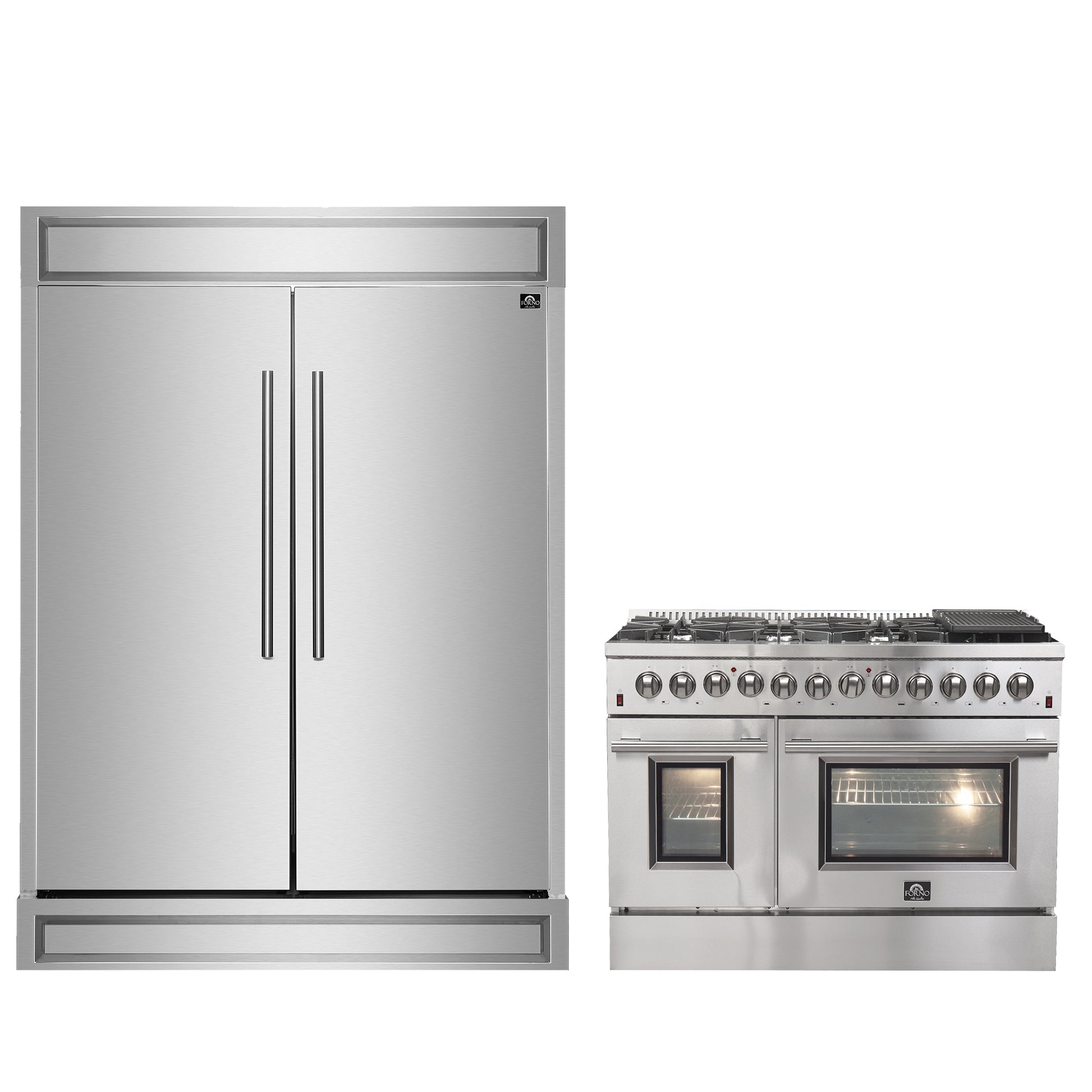 FORNO Premium 2-Piece Kitchen Bundle - Galiano 48" Stainless Steel Dual Fuel Range, Forno Maderno 2-28 " Wide Units with Decorative Trim - FBDL-017-03CAUS - Forno Appliances