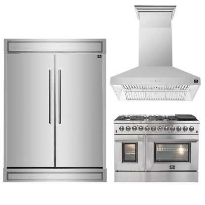 FORNO Premium 3-Piece Kitchen Bundle - FORNO Galiano 48" Freestanding Dual Fuel Range, FORNO Maderno 60" 2-Piece Convertible Refrigerator/Freezer Built-In with Decorative Grill Trim, 27.2 cu.ft., FORNO Orvieto 48" Wall Mount Range Hood - FBDL-017-04CAUS - Forno Appliances