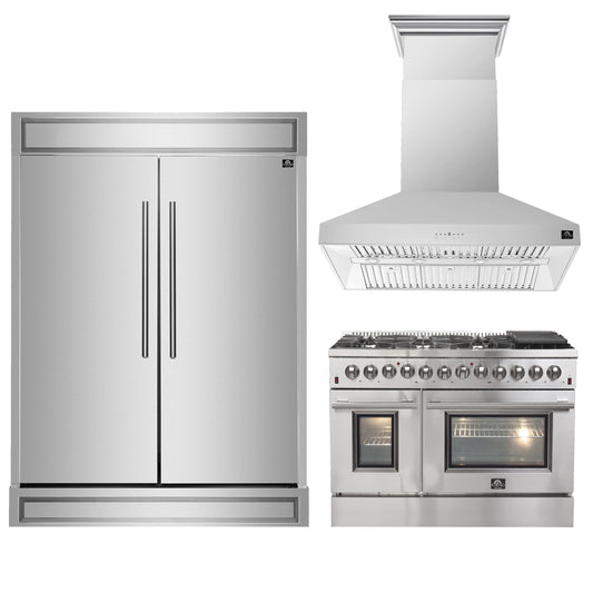 FORNO Premium 3-Piece Kitchen Bundle - FORNO Galiano 48" Freestanding Dual Fuel Range, FORNO Maderno 60" 2-Piece Convertible Refrigerator/Freezer Built-In with Decorative Grill Trim, 27.2 cu.ft., FORNO Orvieto 48" Wall Mount Range Hood - FBDL-017-04CAUS - Forno Appliances