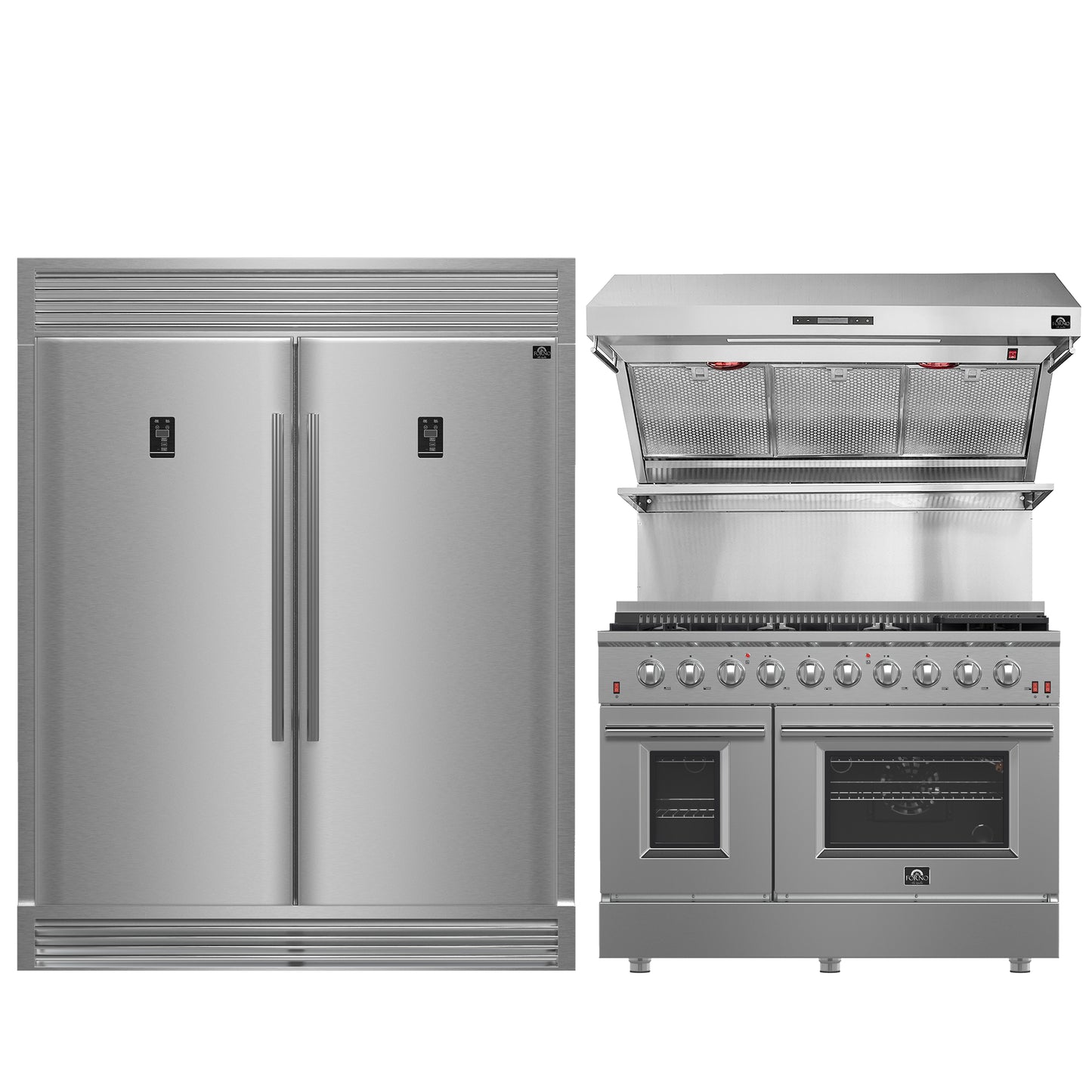 FORNO Premium 3-Piece Kitchen Bundle - FORNO Galiano 48" Freestanding Gas Range, FORNO Rizzuto 60" W. Dual Combo Convertible Refrigerator, FORNO 48" Wall Mount Range Hood - FBDL-018-02US - Forno Appliances