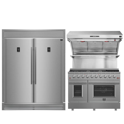 FORNO Premium 3-Piece Kitchen Bundle - FORNO Galiano 48" Freestanding Gas Range, FORNO Rizzuto 60" W. Dual Combo Convertible Refrigerator, FORNO 48" Wall Mount Range Hood - FBDL-018-02US - Forno Appliances