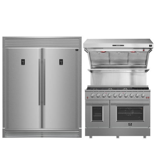 FORNO Premium 3-Piece Kitchen Bundle - FORNO Galiano 48" Freestanding Gas Range, FORNO Rizzuto 60" W. Dual Combo Convertible Refrigerator, FORNO 48" Wall Mount Range Hood - FBDL-018-02US - Forno Appliances