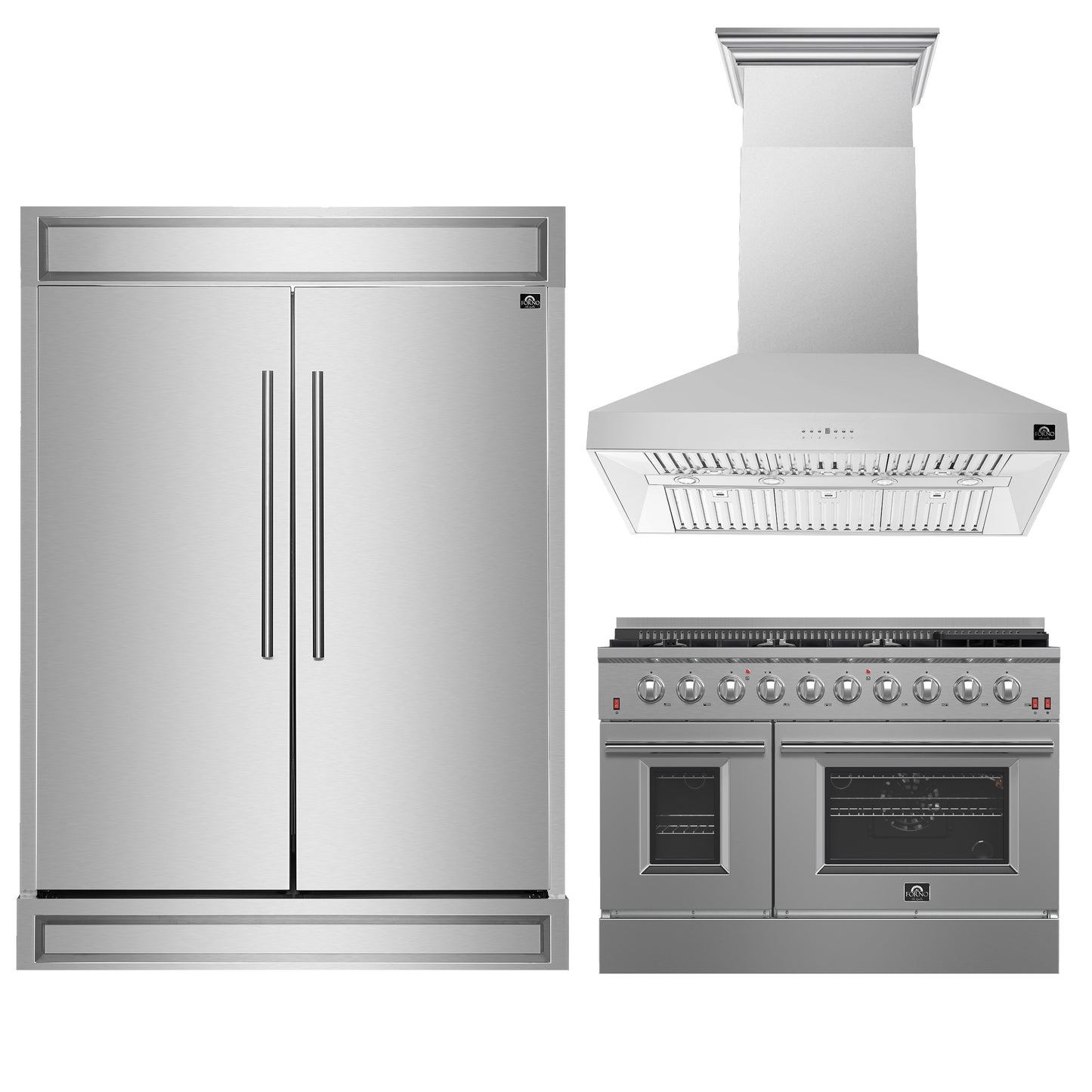 FORNO Premium 3-Piece Kitchen Bundle - FORNO Galiano 48" Freestanding Gas Range, FORNO Maderno 60" 2-Piece Convertible Refrigerator/Freezer Built-In with Decorative Grill Trim, 27.2 cu.ft., FORNO Orvieto 48" Wall Mount Range Hood - FBDL-018-04CAUS - Forno Appliances