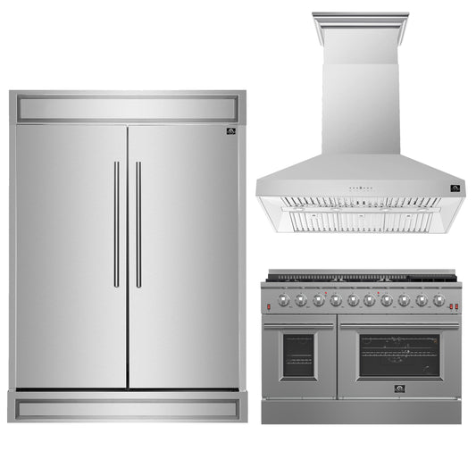 FORNO Premium 3-Piece Kitchen Bundle - FORNO Galiano 48" Freestanding Gas Range, FORNO Maderno 60" 2-Piece Convertible Refrigerator/Freezer Built-In with Decorative Grill Trim, 27.2 cu.ft., FORNO Orvieto 48" Wall Mount Range Hood - FBDL-018-04CAUS - Forno Appliances