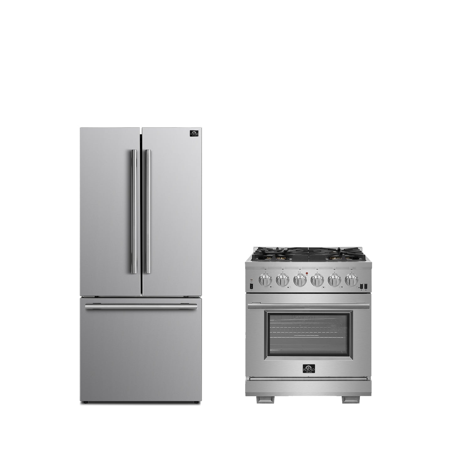 FORNO Premium 2-Piece Kitchen Bundle - Capriasca 30" Stainless Steel Range, Forno Gallipoli 30" French Door Refrigerator with Bottom Freezer 17.5 cu. ft Capacity - FBDL-019-01CAUS - Forno Appliances