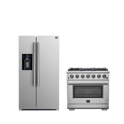 FORNO Premium ensemble cuisine 2 pièces - cuisinière Capriasca 36" en acier inoxydable, réfrigérateur côte à côte Forno Salerno 36" en acier inoxydable 20 cu.ft - FBDL-019-02CAUS - Forno Appliances