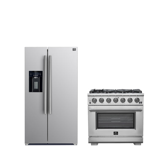 FORNO Premium 2-Piece Kitchen Bundle -Capriasca 36" Stainless Steel Range, Forno Salerno 36" Side by Side Stainless Steel Refrigerator 20 cu.ft - FBDL-019-02CAUS - Forno Appliances