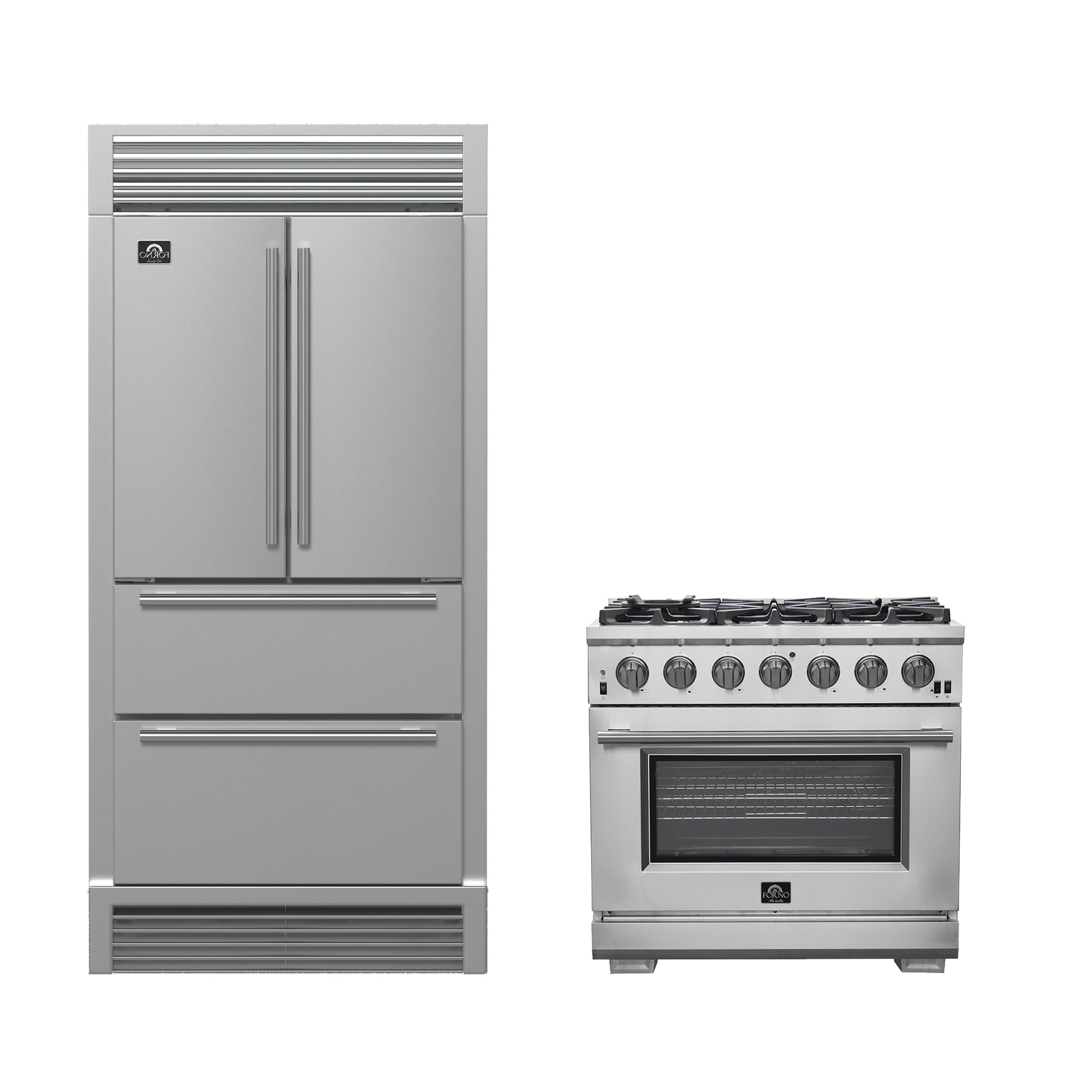 FORNO Premium 2-Piece Kitchen Bundle - Galiano 36" Stainless Steel Range, Forno Moena 36" French Door 19.2 cu. ft Stainless Steel Refrigerator, with Decorative Grill - 40" Wide - FBDL-019-03CAUS - Forno Appliances