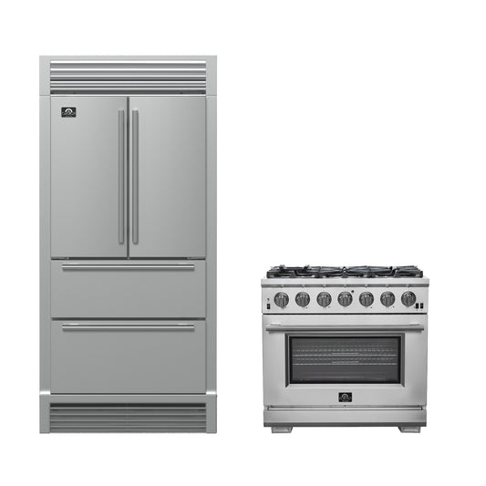 FORNO Premium 2-Piece Kitchen Bundle - Galiano 36" Stainless Steel Range, Forno Moena 36" French Door 19.2 cu. ft Stainless Steel Refrigerator, with Decorative Grill - 40" Wide - FBDL-019-03CAUS - Forno Appliances