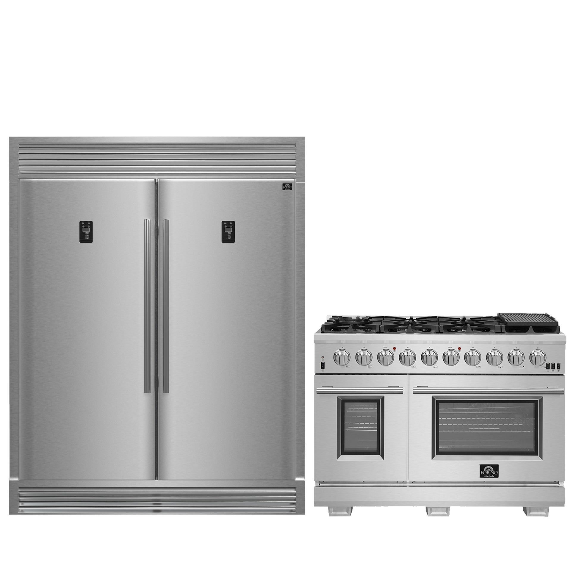 FORNO Premium 2-Piece Kitchen Bundle - Capriasca 48" Stainless Steel Range, Rizzuto 60" W. Dual Combo Convertible Refrigerator - FBDL-019-04CAUS - Forno Appliances