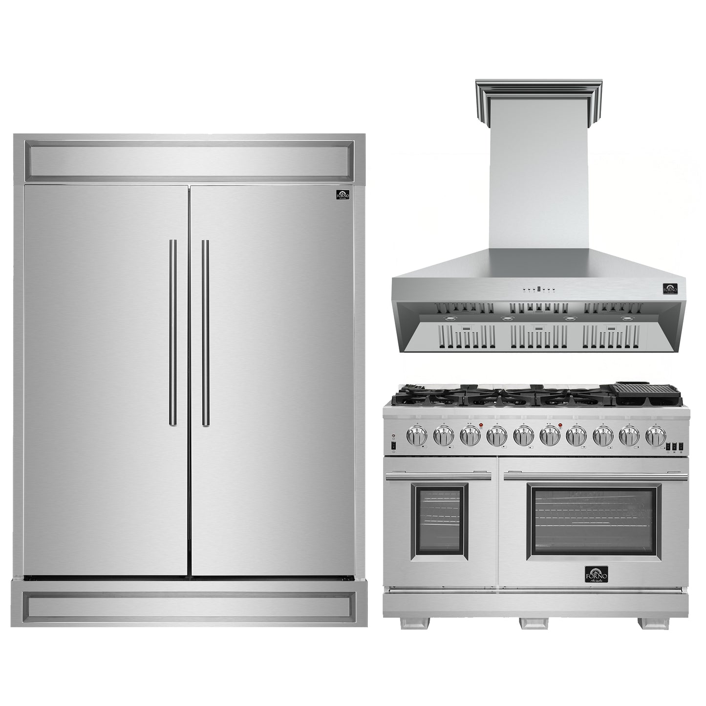 FORNO Premium 3-Piece Kitchen Bundle - FORNO Capriasca 48" Freestanding Gas Range, FORNO Maderno 60" 2-Piece Convertible Refrigerator/Freezer Built-In with Decorative Grill Trim, 27.2 cu.ft., FORNO Orvieto 48" Wall Mount Range Hood - FBDL-019-07CAUS - Forno Appliances