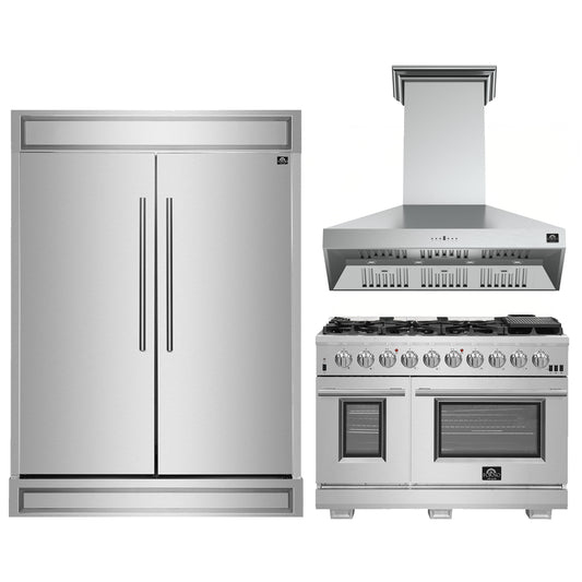 FORNO Premium 3-Piece Kitchen Bundle - FORNO Capriasca 48" Freestanding Gas Range, FORNO Maderno 60" 2-Piece Convertible Refrigerator/Freezer Built-In with Decorative Grill Trim, 27.2 cu.ft., FORNO Orvieto 48" Wall Mount Range Hood - FBDL-019-07CAUS - Forno Appliances