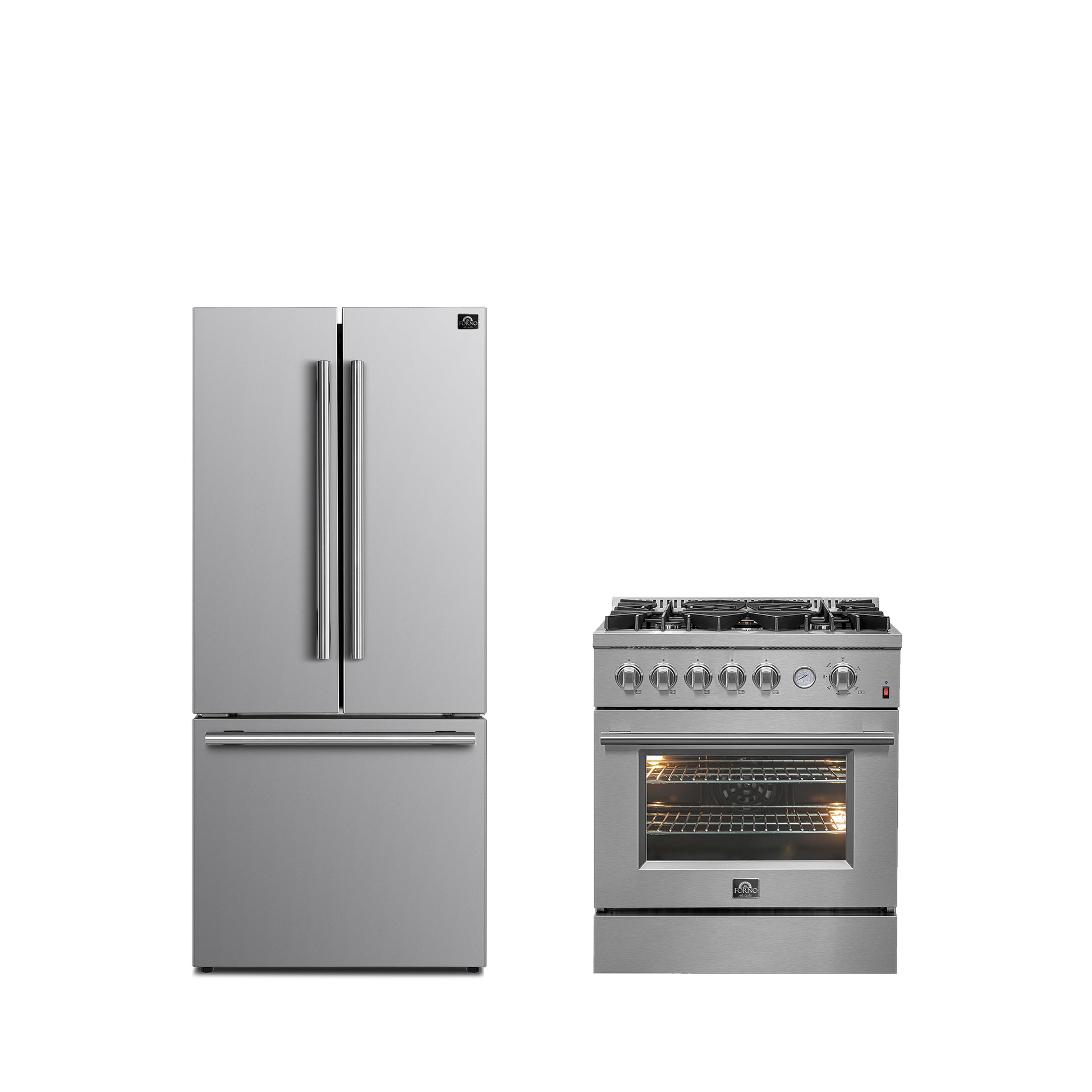 FORNO Premium 2-Piece Kitchen Bundle -Giovanni 30-inch Gas Range Stainless Steel, Forno Gallipoli 30" French Door Refrigerator with Bottom Freezer 17.5 cu. ft Capacity - FBDL-020-01CAUS - Forno Appliances