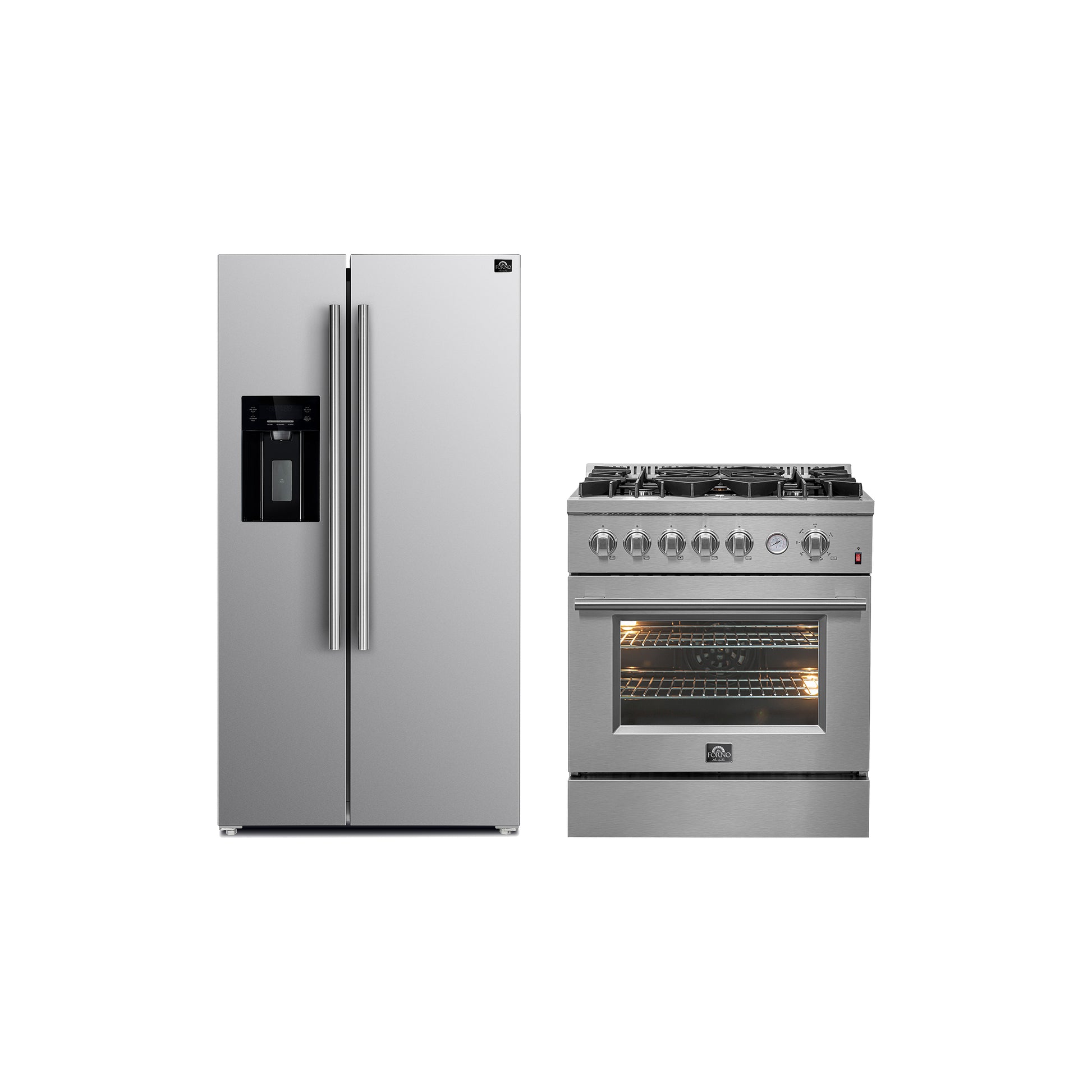 FORNO Premium 2-Piece Kitchen Bundle - Giovanni 30-inch Gas Range Stainless Steel, Forno Salerno 36" Side by Side Stainless Steel Refrigerator 20 cu.ft - FBDL-020-03CAUS - Forno Appliances