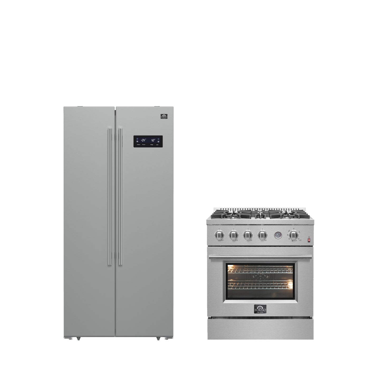 FORNO Ensemble cuisine premium 2 pièces - cuisinière à gaz Marco 30-inch en acier inoxydable, réfrigérateur côte à côte Forno Salerno 33" en acier inoxydable 15.6 cu.ft - FBDL-021-01CAUS - Forno Appliances