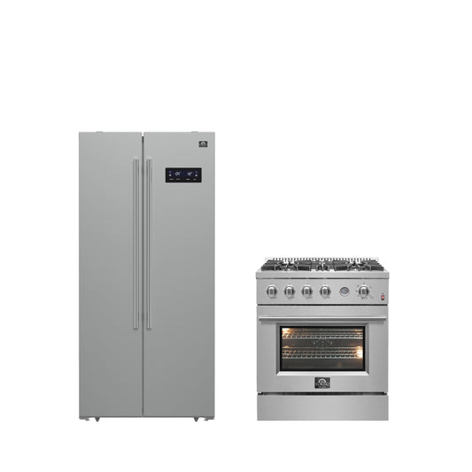 FORNO Premium 2-Piece Kitchen Bundle - Marco 30-inch Gas Range Stainless Steel, Forno Salerno 33" Side-by-Side Stainless Steel Refrigerator 15.6 cu.ft - FBDL-021-01CAUS - Forno Appliances