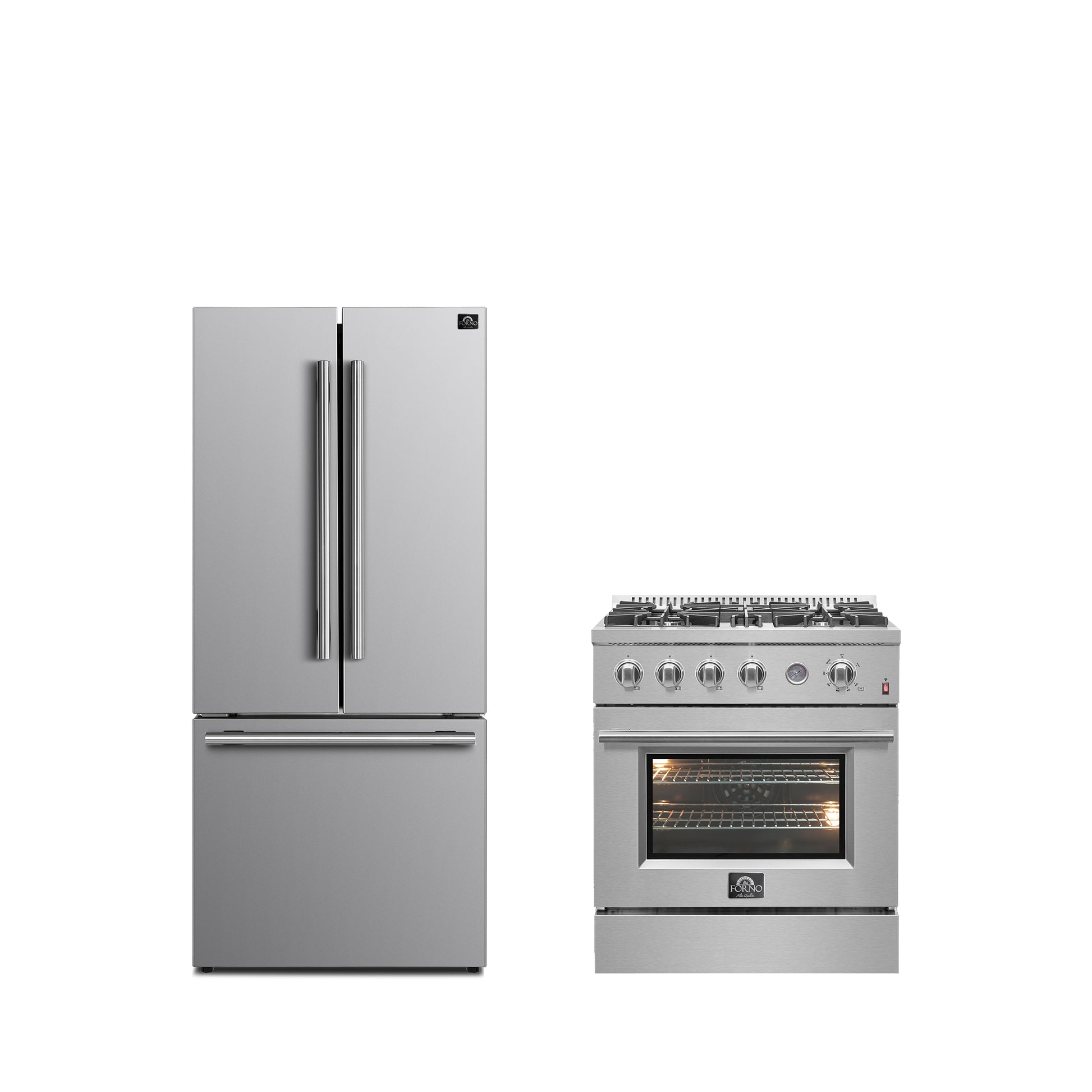 Pack cuisine premium FORNO 2 pièces - cuisinière à gaz Marco 30 pouces en acier inoxydable, réfrigérateur Forno Gallipoli 30" à portes françaises avec congélateur en bas, capacité 17,5 pi³ - FBDL-021-02CAUS - Forno Appliances