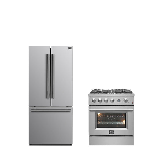 FORNO Premium 2-Piece Kitchen Bundle - Marco 30-inch Gas Range Stainless Steel, Forno Gallipoli 30" French Door Refrigerator with Bottom Freezer 17.5 cu. ft Capacity - FBDL-021-02CAUS - Forno Appliances