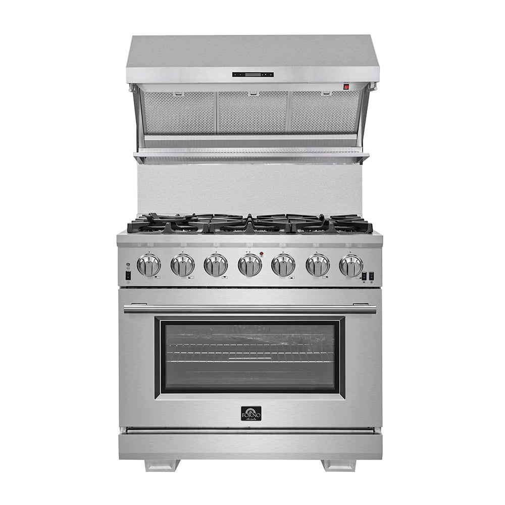 Cuisinière à gaz Forno Capriasca de 36 pouces, acier inoxydable, 6 brûleurs en laiton, 120 000 BTU, four à convection, économe en énergie