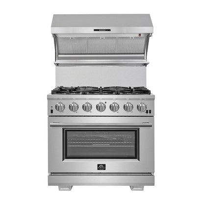 Cuisinière à gaz Forno Capriasca de 36 pouces, acier inoxydable, 6 brûleurs en laiton, 120 000 BTU, four à convection, économe en énergie