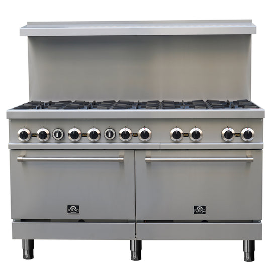 Forno Commerciale 60 Inch Stainless Steel Gas Range, 10 Burners 300,000 BTU Total, 9.3 cu.ft. Ovens - Forno Appliances