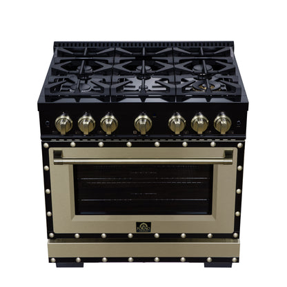 Valente 36" Dual Fuel Range in Black, 6 Sealed Burners, 71 000 BTU Cooktop Output , 5.2 Cu.Ft. convection Oven, Telescopic Racks - Forno Appliances
