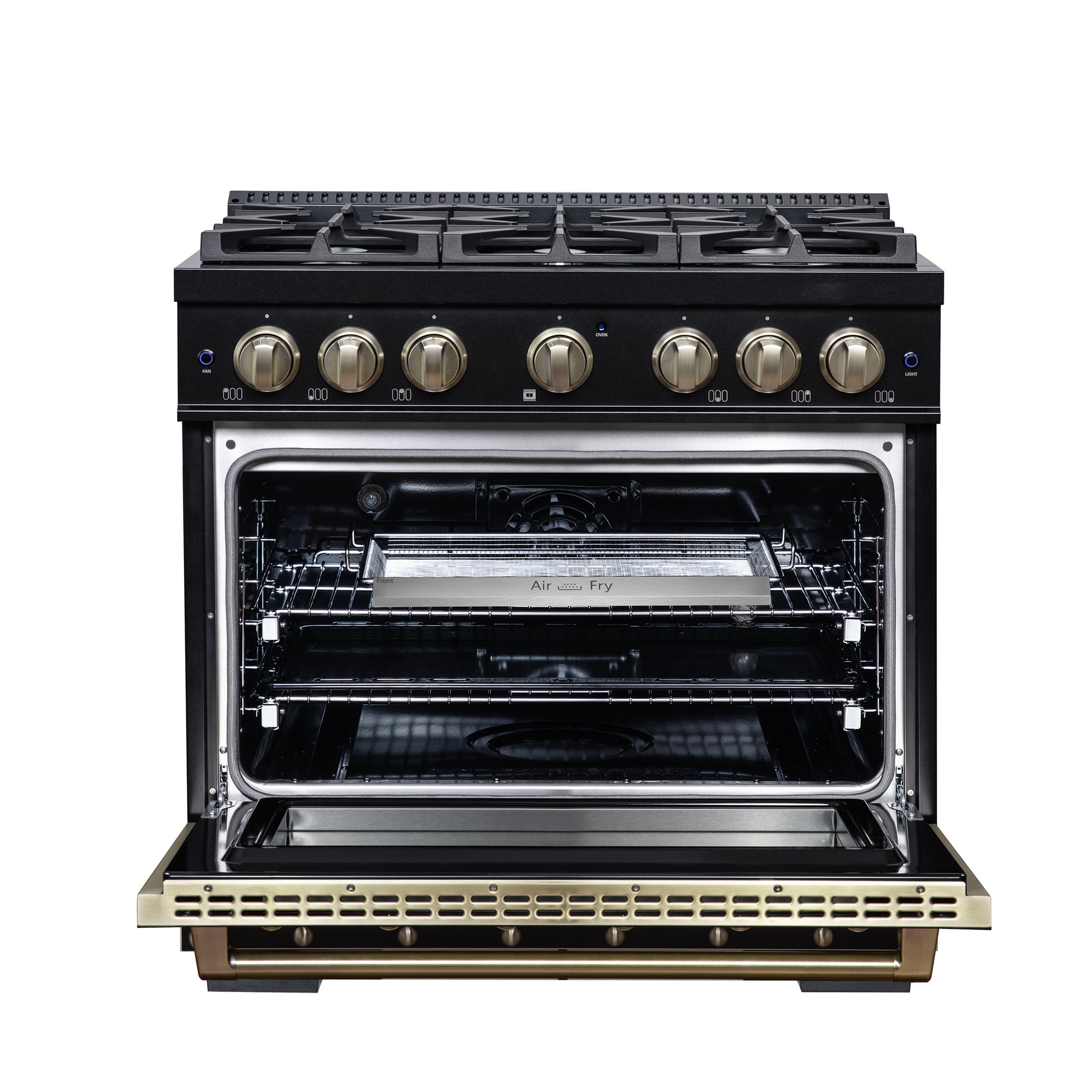Valente 36" Dual Fuel Range in Black, 6 Sealed Burners, 71 000 BTU Cooktop Output , 5.2 Cu.Ft. convection Oven, Telescopic Racks - Forno Appliances