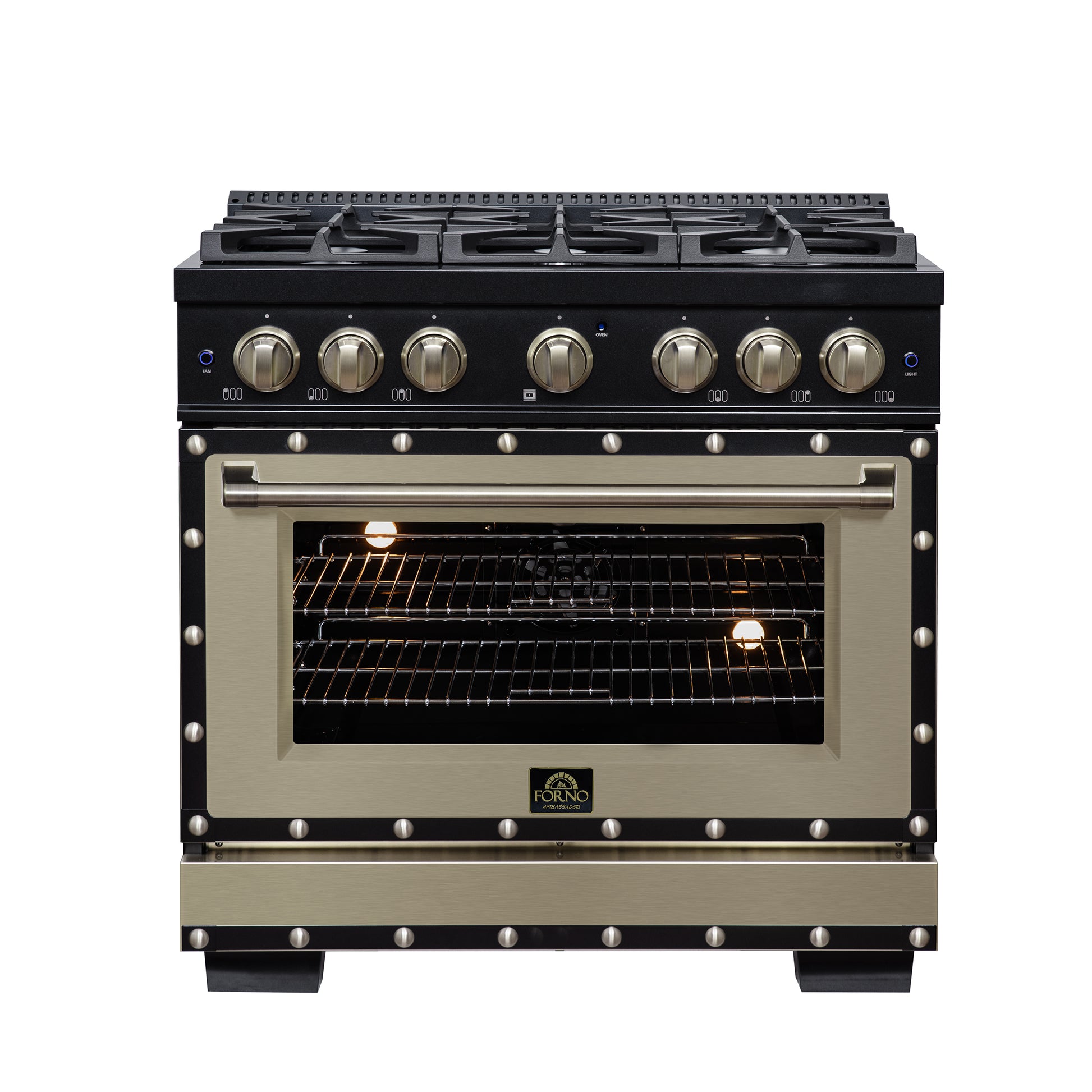Valente 36" Dual Fuel Range in Black, 6 Sealed Burners, 71 000 BTU Cooktop Output , 5.2 Cu.Ft. convection Oven, Telescopic Racks - Forno Appliances