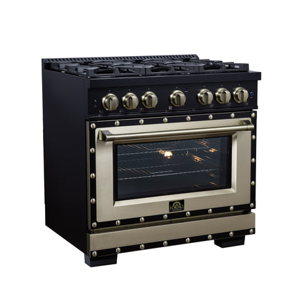 Valente 36" Dual Fuel Range in Black, 6 Sealed Burners, 71 000 BTU Cooktop Output , 5.2 Cu.Ft. convection Oven, Telescopic Racks - Forno Appliances