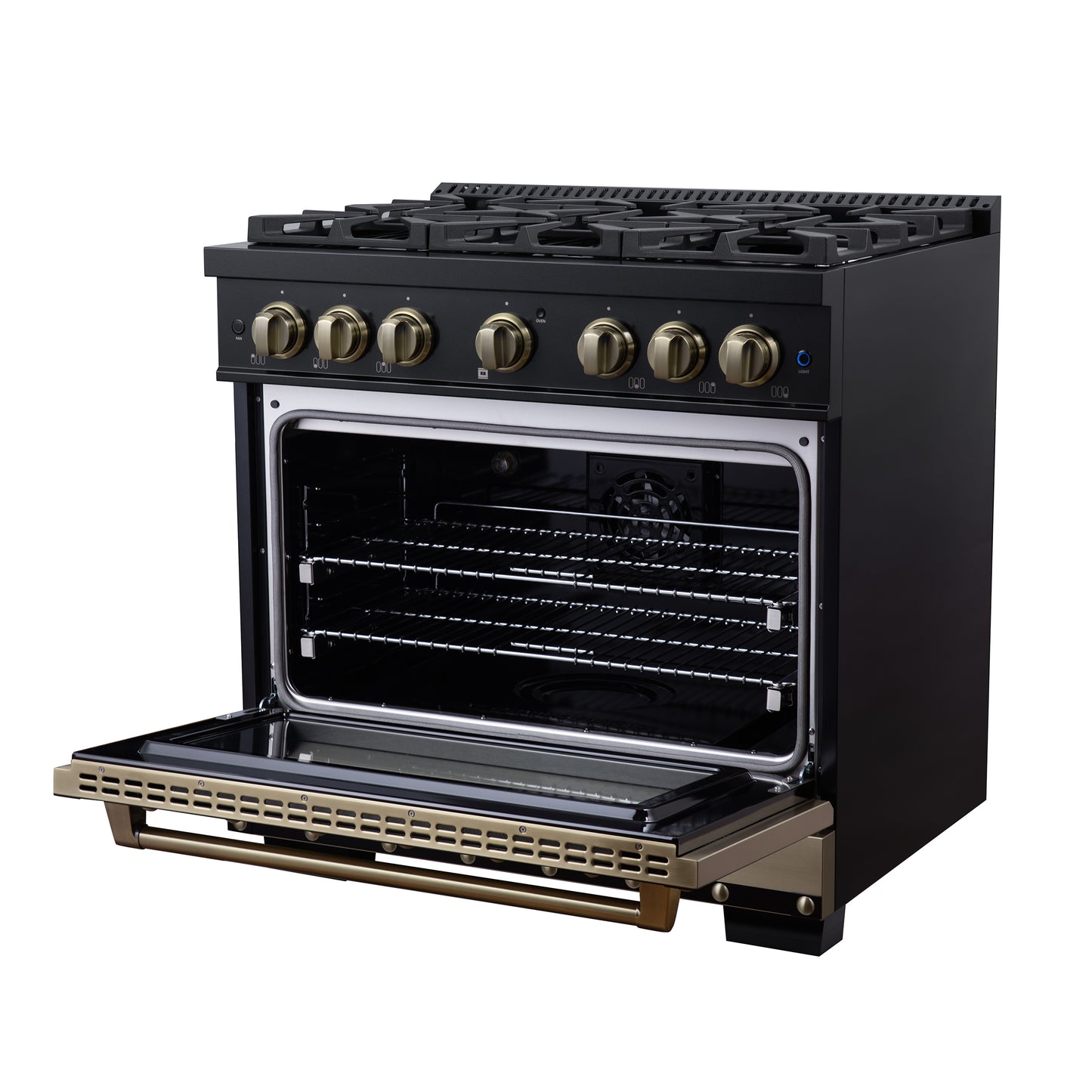 Valente 36" Dual Fuel Range in Black, 6 Sealed Burners, 71 000 BTU Cooktop Output , 5.2 Cu.Ft. convection Oven, Telescopic Racks - Forno Appliances