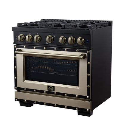 Valente 36" Dual Fuel Range in Black, 6 Sealed Burners, 71 000 BTU Cooktop Output , 5.2 Cu.Ft. convection Oven, Telescopic Racks - Forno Appliances