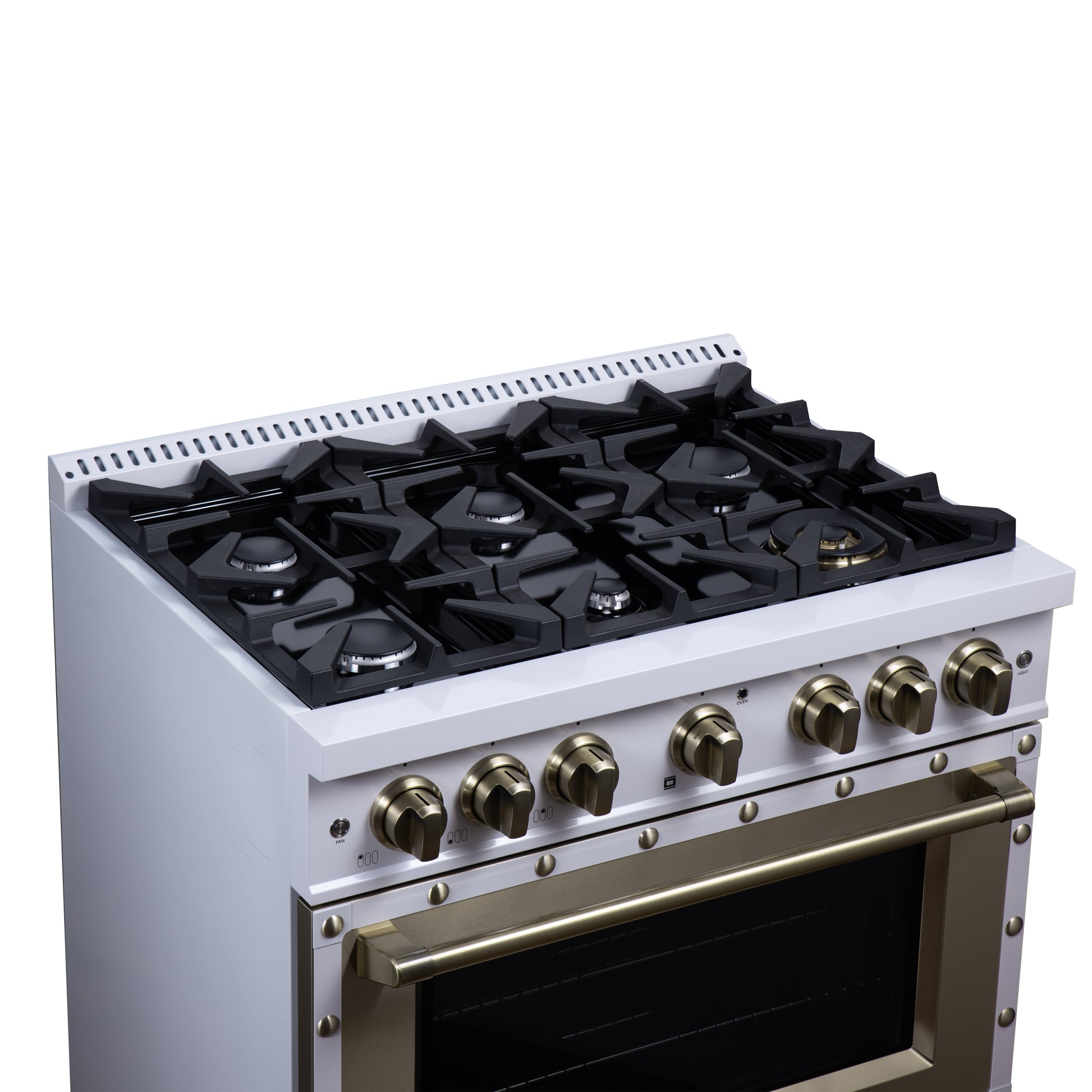 Valente 36" Dual Fuel Range in White, 6 Sealed Burners, 71 000 BTU Cooktop Output , 5.2 Cu.Ft. convection Oven, Telescopic Racks - Forno Appliances
