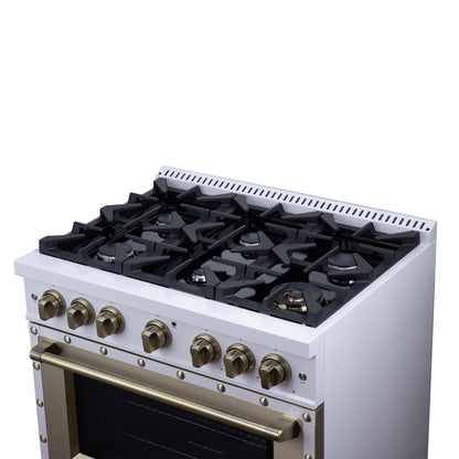 Valente 36" Dual Fuel Range in White, 6 Sealed Burners, 71 000 BTU Cooktop Output , 5.2 Cu.Ft. convection Oven, Telescopic Racks - Forno Appliances
