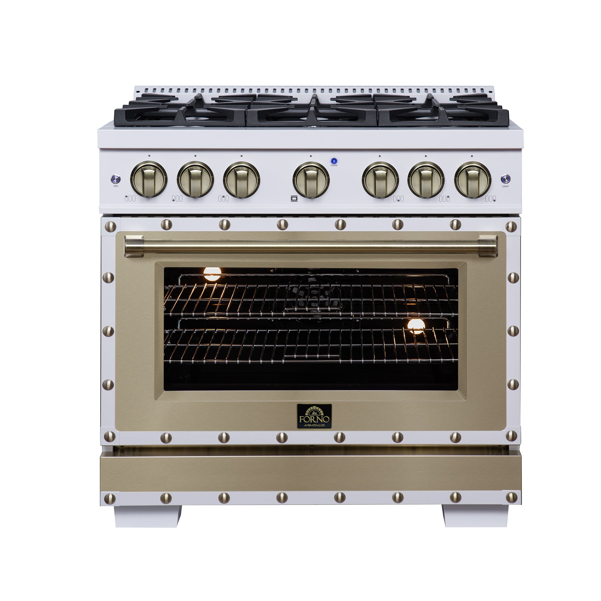 Valente 36" Dual Fuel Range in White, 6 Sealed Burners, 71 000 BTU Cooktop Output , 5.2 Cu.Ft. convection Oven, Telescopic Racks - Forno Appliances