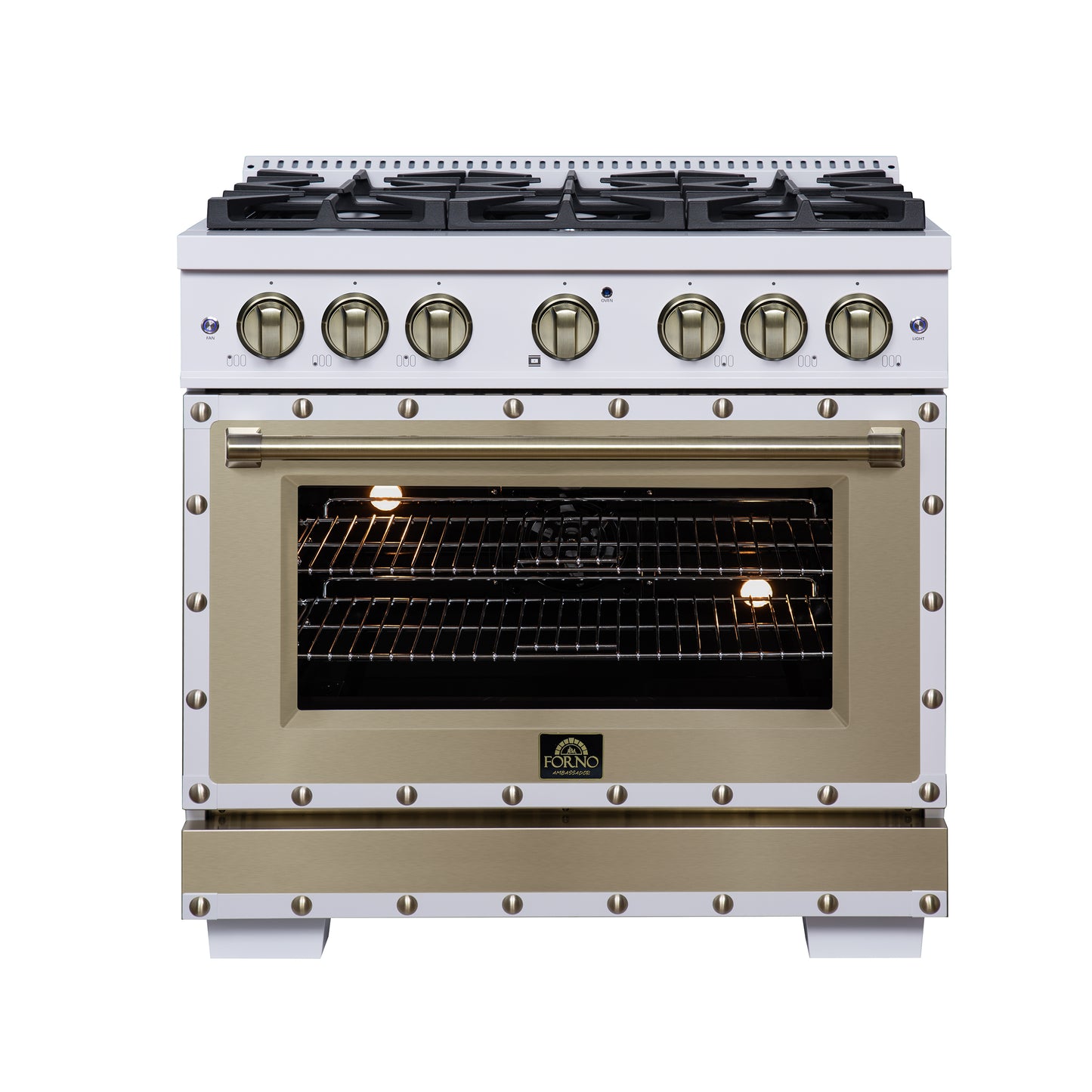 Valente 36" Dual Fuel Range in White, 6 Sealed Burners, 71 000 BTU Cooktop Output , 5.2 Cu.Ft. convection Oven, Telescopic Racks - Forno Appliances