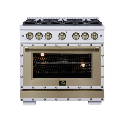 Valente 36" Dual Fuel Range in White, 6 Sealed Burners, 71 000 BTU Cooktop Output , 5.2 Cu.Ft. convection Oven, Telescopic Racks - Forno Appliances