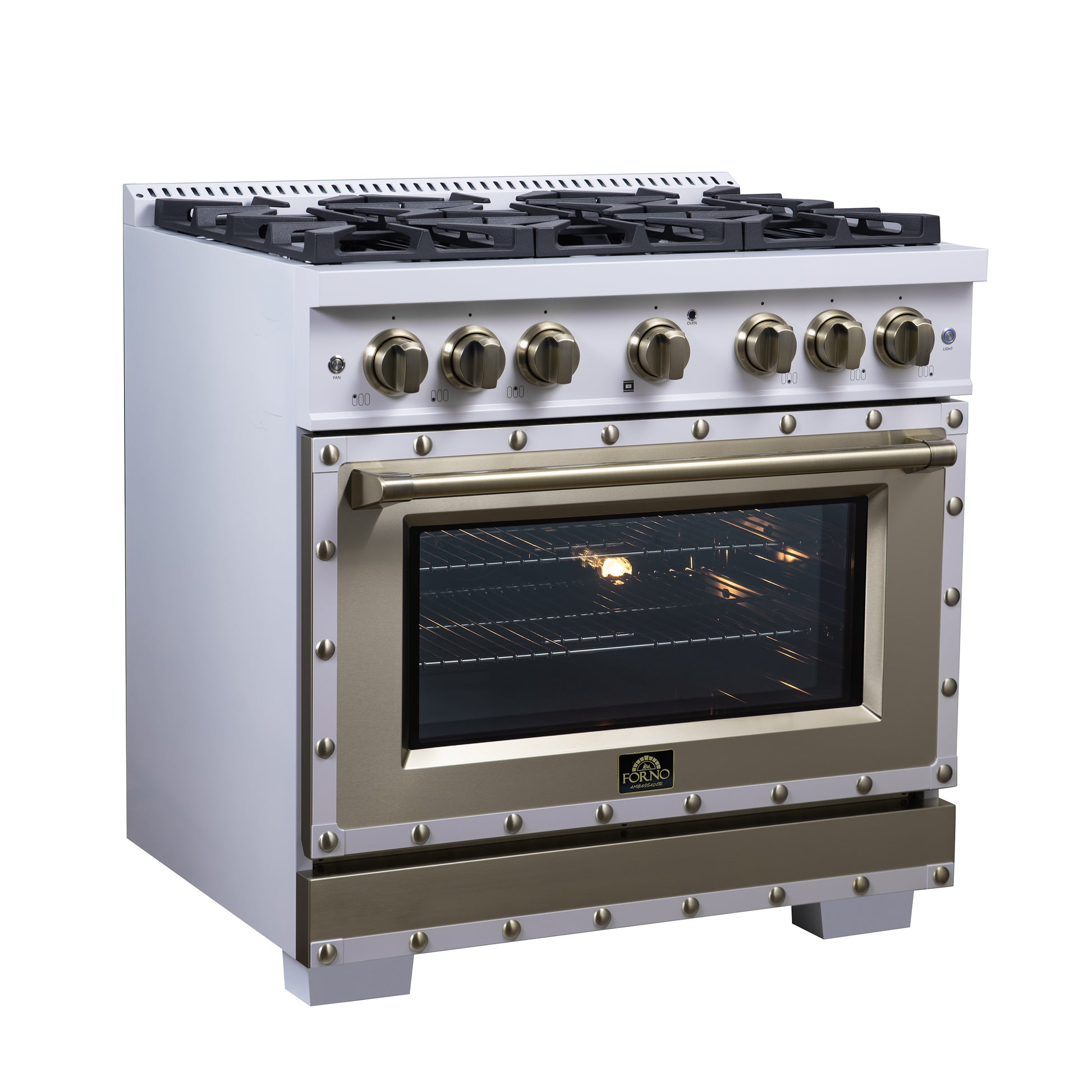 Valente 36" Dual Fuel Range in White, 6 Sealed Burners, 71 000 BTU Cooktop Output , 5.2 Cu.Ft. convection Oven, Telescopic Racks - Forno Appliances
