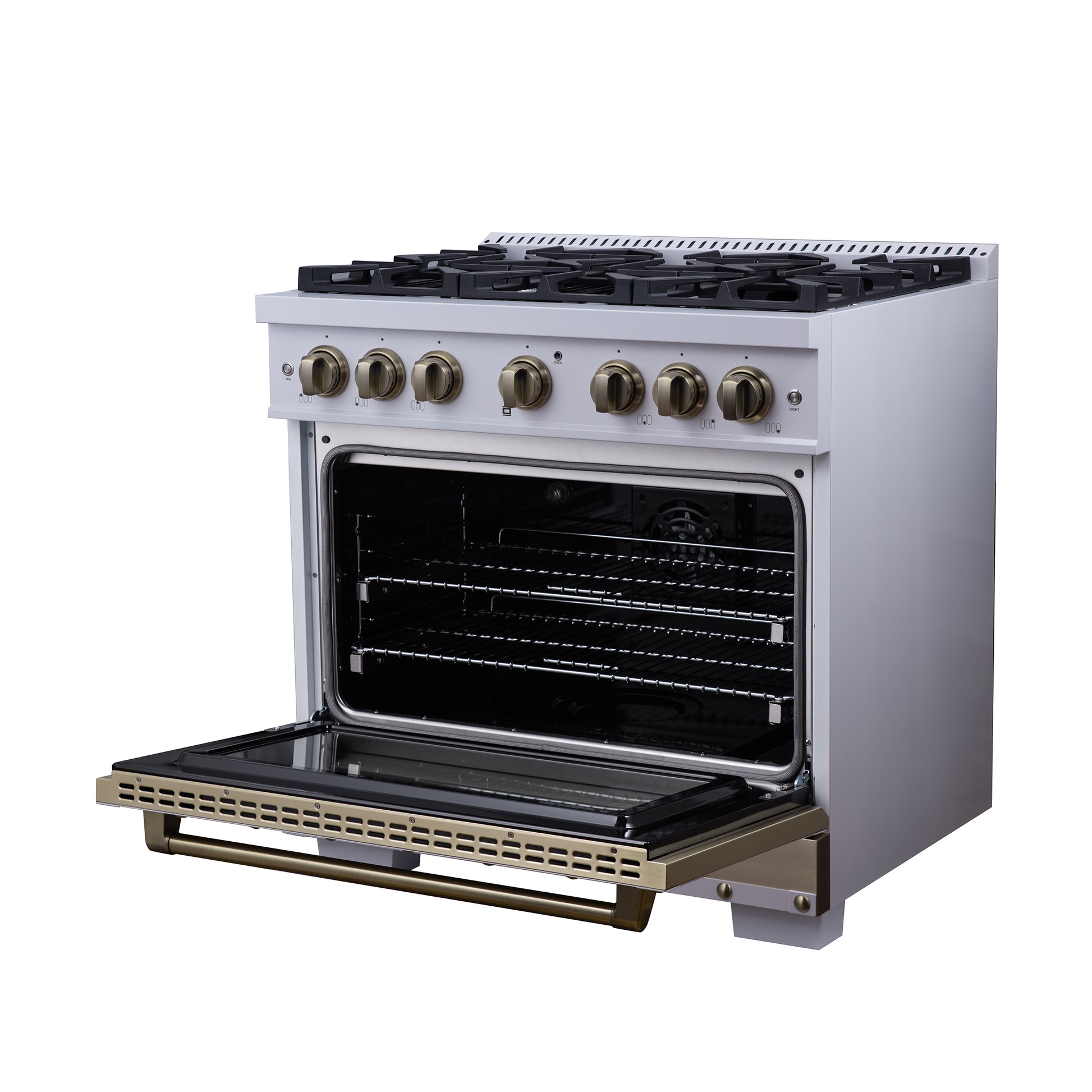 Valente 36" Dual Fuel Range in White, 6 Sealed Burners, 71 000 BTU Cooktop Output , 5.2 Cu.Ft. convection Oven, Telescopic Racks - Forno Appliances