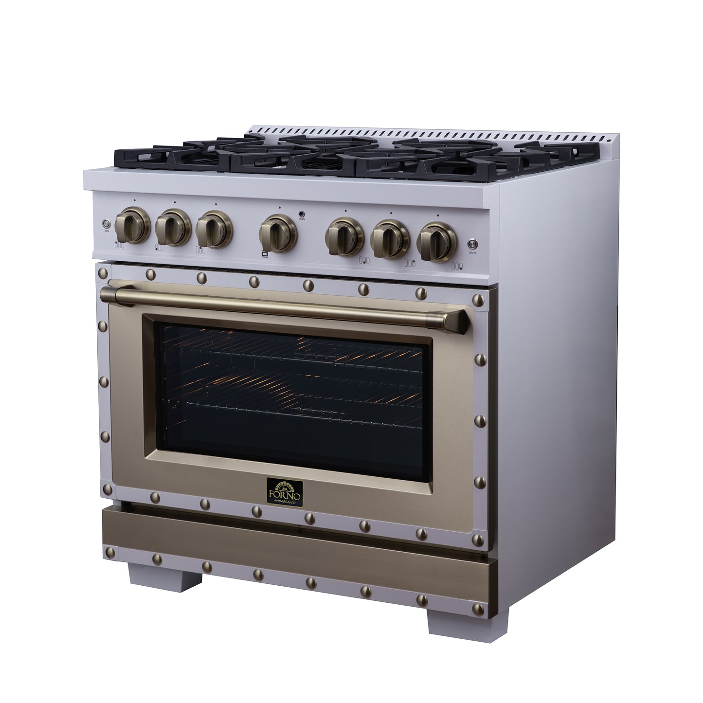 Valente 36" Dual Fuel Range in White, 6 Sealed Burners, 71 000 BTU Cooktop Output , 5.2 Cu.Ft. convection Oven, Telescopic Racks - Forno Appliances