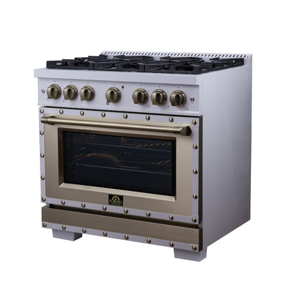 Valente 36" Dual Fuel Range in White, 6 Sealed Burners, 71 000 BTU Cooktop Output , 5.2 Cu.Ft. convection Oven, Telescopic Racks - Forno Appliances