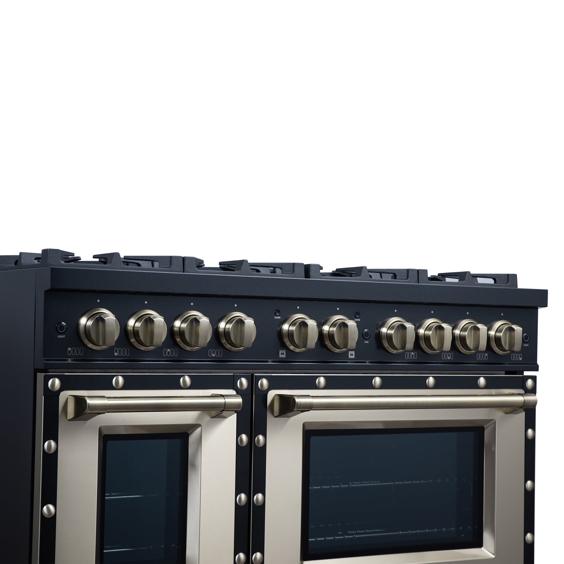 Valente 48" Dual Fuel Range in Black, 8 Sealed Burners, 94 000 BTU Cooktop Output, 6.7 Cu.Ft. Double Oven, Telescopic Racks - Forno Appliances
